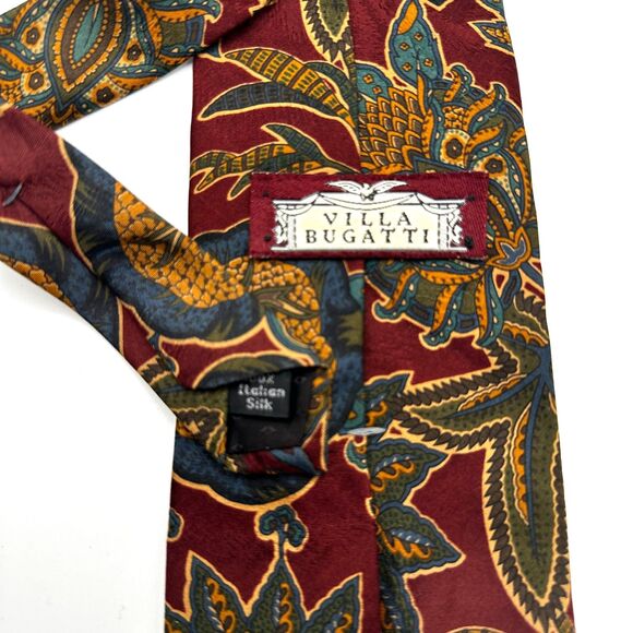 Villa Bugatti All Silk Tie - Maroon with Green and Gold Botanical Leaves - Picture 3 of 4